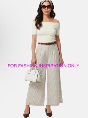 Striped Wide Leg Pants Womens 3/4 Beige Cream Linen Mid-rise Chic Y2K XOXO